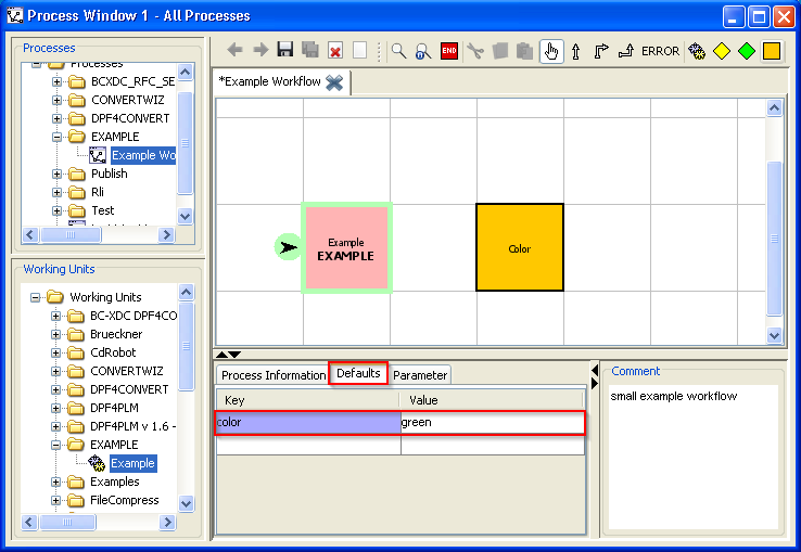 The screenshot of DPF Director shows the Defaults tab of a work flow.